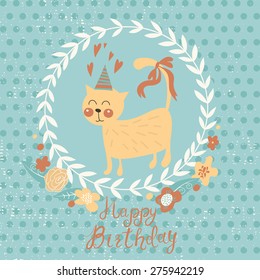 Cute funny cat with a bow. Cartoon happy birthday card design.It can be used as greeting card.