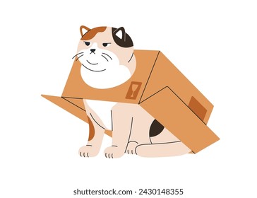 Cute funny cat in box. Awkward confused kitty, amusing kawaii lovely feline animal stuck in cardboard. Comic puzzled chubby fat pet. Humor flat graphic vector illustration isolated on white background