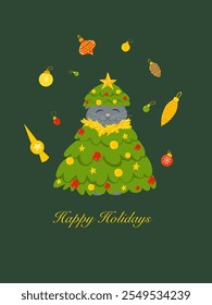 Cute funny cat character wearing Christmas tree costume. Christmas greeting card with Happy Holidays quote. Vector illustration design template for Merry Christmas and Happy New Year celebrations