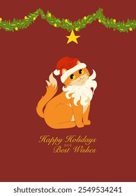 Cute funny cat character wearing Christmas Santa costume. Christmas greeting card with Happy Holidays quote. Vector illustration design template for Merry Christmas and Happy New Year celebrations