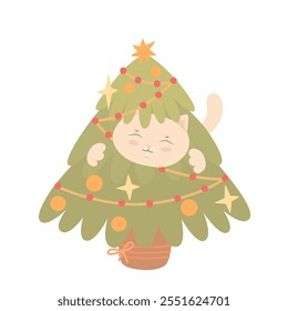 Cute funny cat in the Christmas tree. Vector flat illustration for greeting card, design, poster or design.