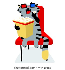 Cute funny cat in the cinema with popcorn. Feline character. Vector illustration