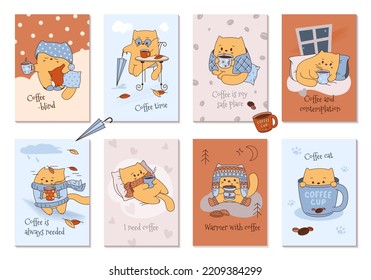 Cute and funny cat with coffee in various situations. A set of cards.