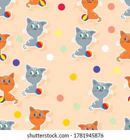 Cute and funny cat with a colorful ball on a light background. Seamless pattern. Vector illustration