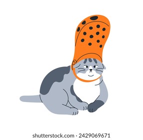 Cute funny cat. Comic feline animal with shoe on head. Fool goofy mischievous kitty. Amusing adorable confused pet. Fun, humor flat graphic vector illustration isolated on white background