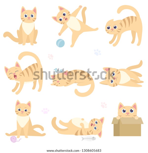 いろいろな状況で可愛い可笑しい猫 遊び好きな家庭猫が座って ボールを持って遊び 怖がり 眠り 嘘 悲しみ 食べ過ぎ 箱の中に隠れている 分離型イラストのコレクション のベクター画像素材 ロイヤリティフリー