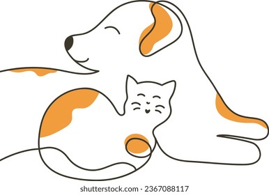 Cute funny cat and dog. Outline line art. Characters for logo, pet store. Vector illustration
