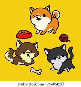 Cute and Funny Cat and dogs with bone, bowl and yawn cartoons set