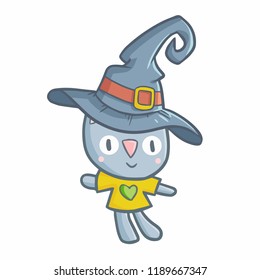 Cute and funny cat doll wearing witch hat for Halloween - vector.