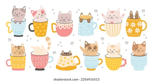 Cute funny cat domestic animal kawaii character inside coffee ceramic cup isolated set on white. Vector illustration with doodle cartoon adorable sweet kitten pet in mug emoticon sticker collection