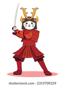 Cute funny cat dress in red armor Japanese samurai or ninja holding Katana sword drawing in colorful cartoon vector