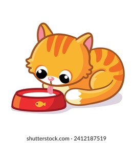 Cute funny cat drinking milk. Vector illustration with pet  in cartoon style.