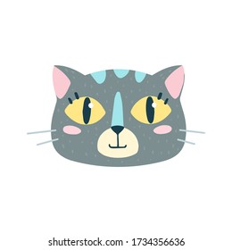 Cute funny cat face: happy, smile. Cartoon animal muzzle isolated on white background. Flat vector illustration, hand drawn style. Editable icon. 