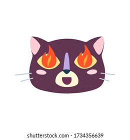 Cute funny cat face: passion, fire in the eyes. Cartoon animal muzzle isolated on white background. Flat vector illustration, hand drawn style. Editable icon. 