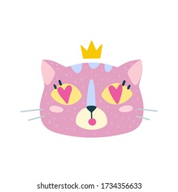 Cute funny cat face: princess in love. Cartoon animal muzzle isolated on white background. Flat vector illustration, hand drawn style. Editable icon. 