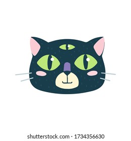 Cute funny cat face: third eye, supernatural. Cartoon animal muzzle isolated on white background. Flat vector illustration, hand drawn style. Editable icon. 