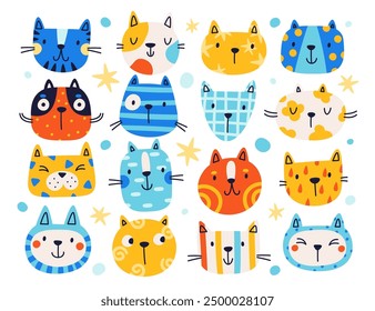 Caras divertidas lindas del gato con el patrón gráfico colorido del doodle en la cabeza aislada fijada en el fondo blanco. Mascota animal mascota personaje headshot Ilustración vectorial de diseño de arte. Colección de bozales de gatito feliz