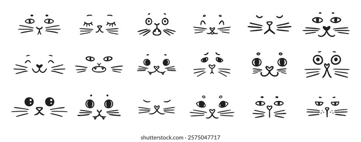 cute funny cat faces doodle hand drawn icon set. Outline drawing cats emotions different mood happy or sad line clipart symbol collection. Vector illustration