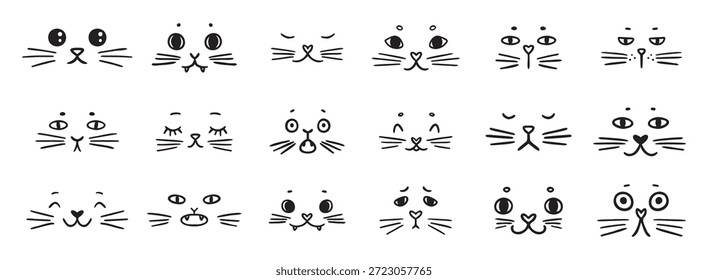 Conjunto de iconos dibujados a mano de doodle de caras de gato divertidas lindas. Esquema dibujando las emociones de los gatos diferentes sentimiento feliz o triste línea Clipart símbolo colección. Ilustración vectorial