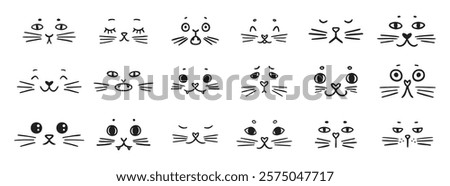 cute funny cat faces doodle hand drawn icon set. Outline drawing cats emotions different mood happy or sad line clipart symbol collection. Vector illustration