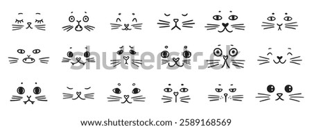 cute funny cat faces doodle hand drawn icon set. Outline drawing cats emotions different mood happy or sad line clipart symbol collection. Vector illustration