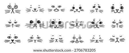 cute funny cat faces doodle hand drawn icon set. Outline drawing cats emotions different mood happy or sad line clipart symbol collection. Vector illustration