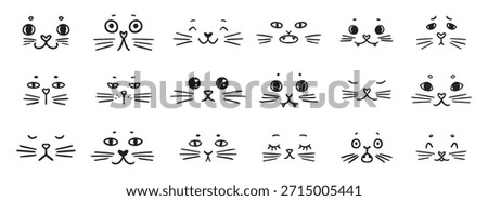 cute funny cat faces doodle hand drawn icon set. Outline drawing cats emotions different mood happy or sad line clipart symbol collection. Vector illustration
