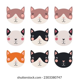 Cute funny cat faces illustrations set. Hand drawn cartoon character. Scandinavian style flat design, isolated vector. Kids print element, poster, card, wildlife, nature, baby animals