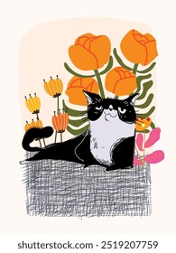 Cute funny cat and flowers, plants on vases, pots hand drawn vector illustration. Pets and nature vintage design for cover, poster,cards, wall art, decoration and print.