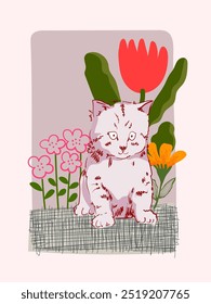 Cute funny cat and flowers, plants on vases, pots hand drawn vector illustration. Pets and nature vintage design for cover, poster,cards, wall art, decoration and print.