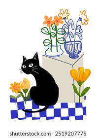 Cute funny cat and flowers, plants on vases, pots hand drawn vector illustration. Pets and nature vintage design for cover, poster,cards, wall art, decoration and print.