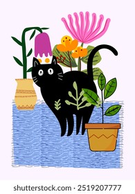 Cute funny cat and flowers, plants on vases, pots hand drawn vector illustration. Pets and nature vintage design for cover, poster,cards, wall art, decoration and print.