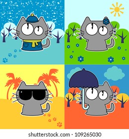 Cute funny cat in four seasons set
