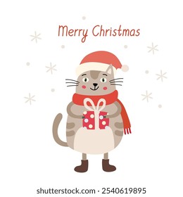 Cute funny cat with a gift box wearing santa costume. Vector hand drawn flat style illustration. Merry Christmas lettering. Xmas Card with greetings.