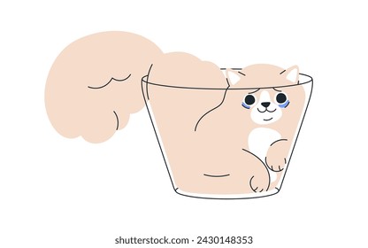 Cute funny cat in glass. Amusing kawaii kitten stuck in container. Adorable kitty pet looking with tears in eyes, crying, pity emotion. Flat graphic vector illustration isolated on white background