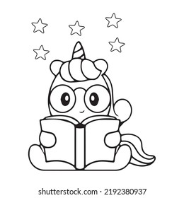 A cute, funny cat with glasses is reading a book - vector linear picture for coloring. Reading cat with glasses. Outline.