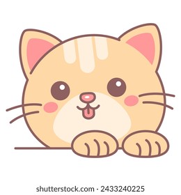 Cute and funny cat head icon vector isolated. Flat line symbol of adorable kitten head. Happy kitty smiling with a tongue out. Pretty paws. Domestic pet.