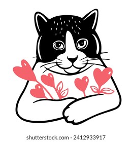 Cute funny cat with a heart, with a bouquet of heart flowers. Vector illustration Vector illustration