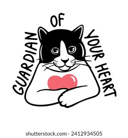 Cute funny cat with a heart, with a bouquet of heart flowers. lettering is the keeper of your heart. Vector illustration Vector illustration. Love and friendship between human and pet
