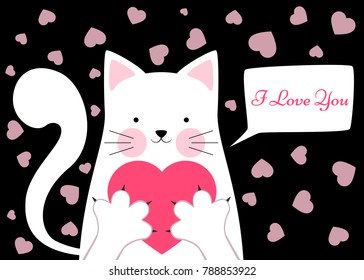 Cute, funny cat with heart. Valentine s Day illustration. Vector eps 10