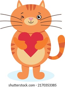 Cute funny cat holding a red heart

