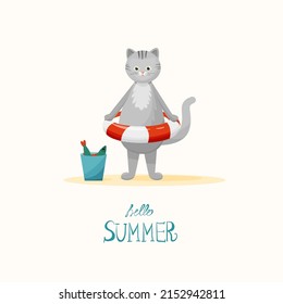 Cute funny cat in an inflatable lifebuoy on the beach. Hand-drawn grey cat vector illustration. Suitable for postcards, banners, t-shirt, kids apparel, invitation design. With inscription Hello Summer