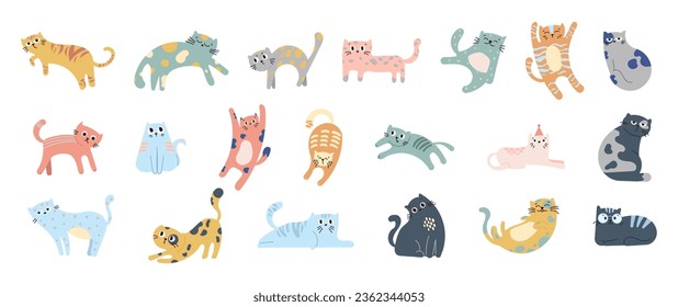 Cute funny cat. Kitten character cartoon. Vector drawing. Collection of design elements.