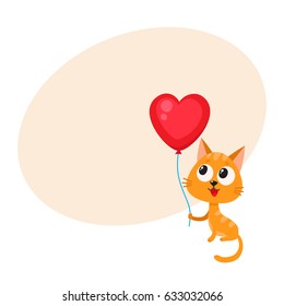 Cute and funny cat, kitten holding red heart shaped balloon, cartoon vector illustration with space for text. Cat, kitten holding heart balloon, birthday greeting decoration