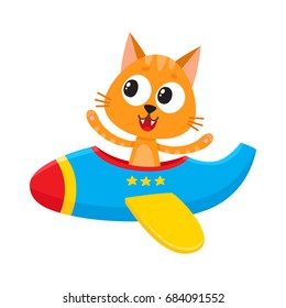 Cute funny cat, kitten pilot character flying on airplane, cartoon vector illustration isolated on white background. Little baby cat, kitten pilot, animal character flying in open airplane
