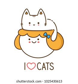 Cute funny cat kitten sits on woman girl head. Vector outline style illustration icon design. Print for card,t-shirt. Isolated on white background. I love cats slogan concept