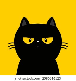 Cute funny cat kitten with yellow eyes. Black silhouette icon. Sad angry face head. Kawaii pet animal. Cartoon funny character. Childish style. Happy Halloween. Flat design. Yellow background. Vector