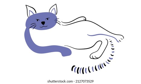 Cute funny cat lies, painted in Very Peri color. Doodle style vector illustration isolated on white background