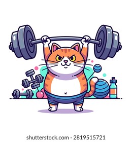 Cute Funny Cat Lifting Barbell Gym Fitness Illustration Strong Ginger Cat Powerlifting