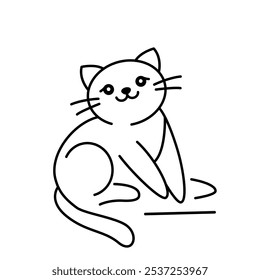 Cute and funny cat in linear style. Flat vector illustration on white background